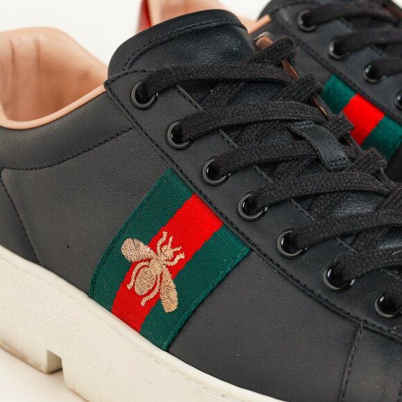 Gucci Ace Web Gold Bee Black Leather White Platform Sneaker - Picture 7 of 11